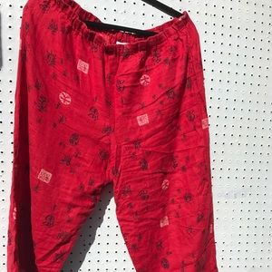 Linen Crop Pants with Chinese motif pattern.